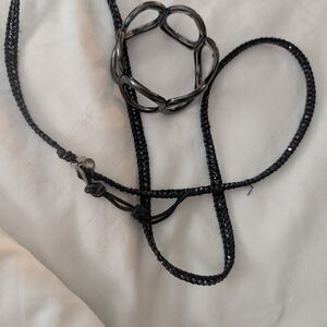 Navy Blue And Black Necklace And Pewter Gray Color Bracelet